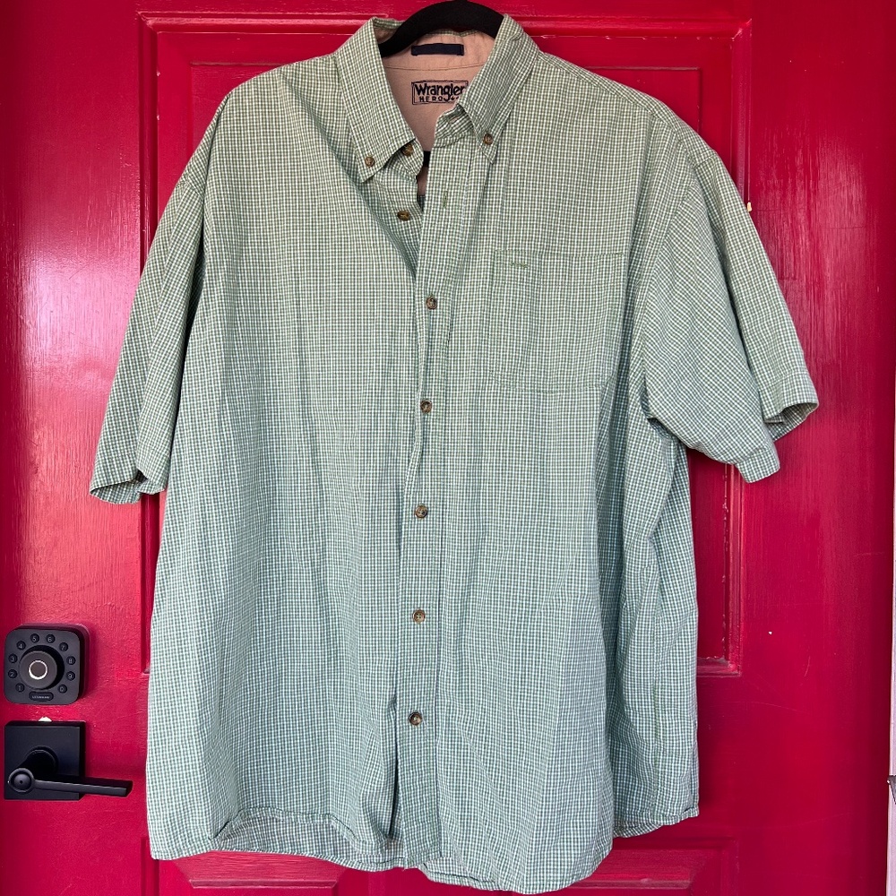 Wrangler Hero XL Men's Short Sleeve Shirt Button Up Green Brown Pocket Summer